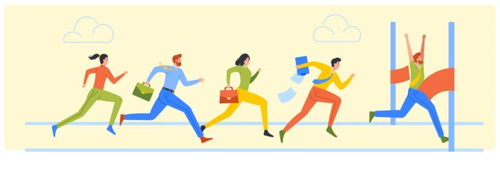 Illustration of business people running a race toward a finish line, symbolizing competition and competitors.