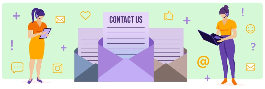 Illustration of two customer service representatives, one using a tablet and the other a laptop, flanked by contact icons and a large "Contact Us" letter.