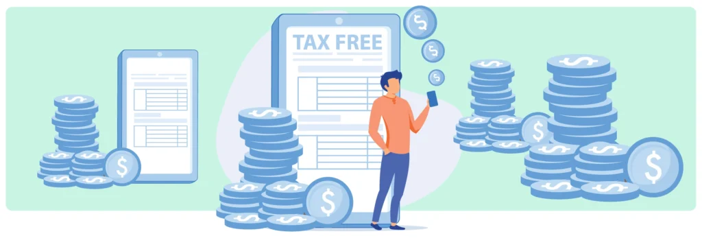 Illustration of a person using a smartphone surrounded by stacks of dollar coins and digital tablets displaying a "Tax Free" form, symbolizing the financial benefits of structured settlement payments.