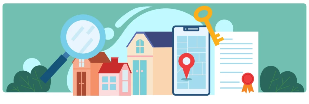 Illustration of houses, a magnifying glass, a smartphone with a map and location pin, a key, and a legal document with a ribbon seal, symbolizing property search and home buying.