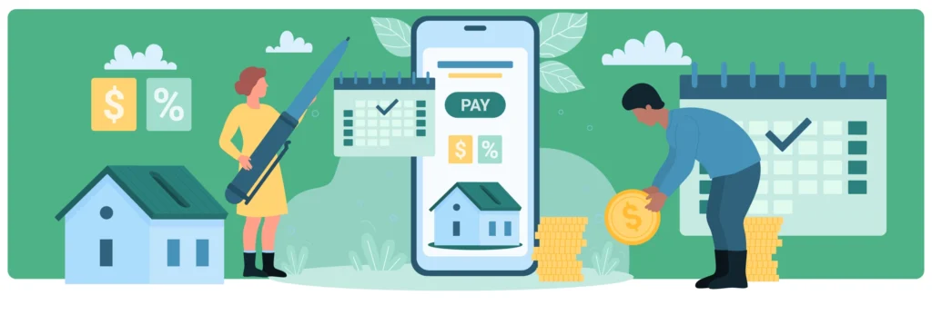 Illustration of a man and woman managing monthly mortgage payments online, with a smartphone displaying a payment interface, a house icon, and calendar reminders, surrounded by coins and percentage symbols.