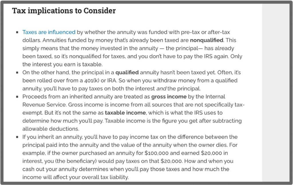 Tax implications to consider for annuity beneficiaries.