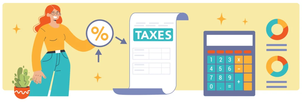 Illustration of a woman calculating taxes with a percentage symbol, tax document, calculator, pie charts, and decorative elements, representing financial planning and tax calculation.