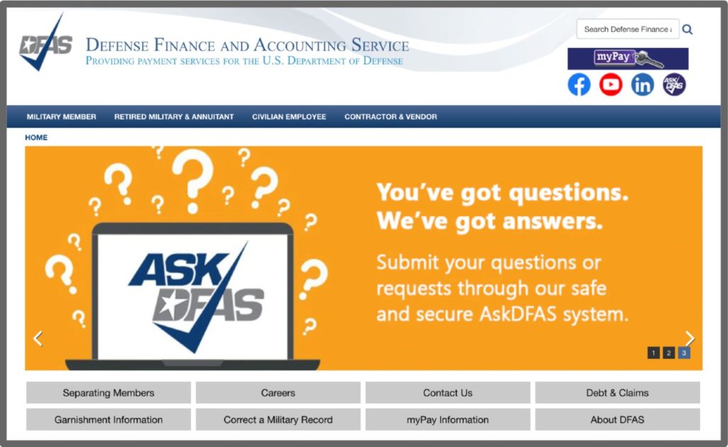 Defense Finance and Accounting Service website home page screenshot.