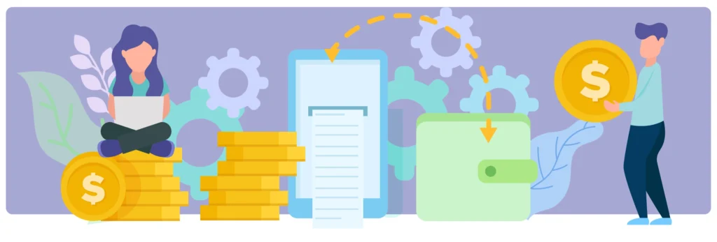 Illustration of digital money transfer and financial technology. A woman using a laptop sitting on stacked coins, a man holding a large coin, and icons of a digital receipt, mobile device, wallet, and gears symbolizing online transactions or structured settlement payments.